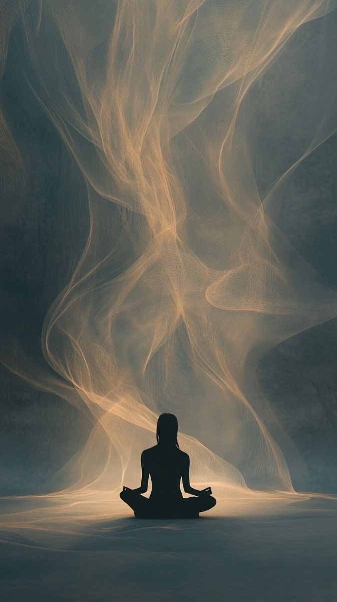Silhouette en méditation devant des voiles lumineux dorés et éthérés